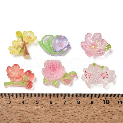 Floral Printed Transparent Resin & Glitter Powder Cabochons RE-CBA332C-03-1