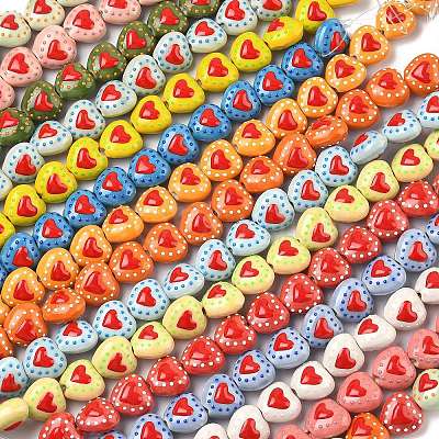 Heart Pattern Handmade Porcelain Enamel Beads PORC-G016-03-1