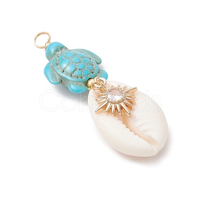 4Pcs 4 Styles Natural Cowrie Shell & Dyed Synthetic Turquoise Turtle Copper Wire Wrapped Pendants PALLOY-JF04035-01-1