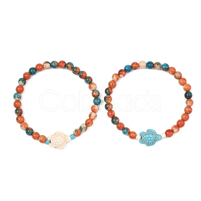 2Pcs Synthetic Ocean White Jade & Synthetic Turquoise Turtle Beads Stretch Bracelets for Women Men BJEW-JB13640-1