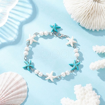 Synthetic Turquoise Starfish Link Bracelets for Women BJEW-JB12469-02-1