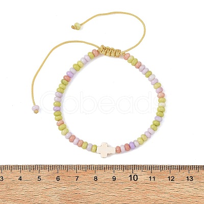 Adjustable Dyed Synthetic Turquoise Religion Cross & Ombre Effect Dyed Glass Rondelle Braided Bead Bracelets BJEW-JB14309-02-1