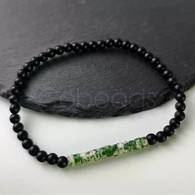 4MM Natural Green Spot Jasper Heishi Beads and Round Frosted Black Onyx(Dyed & Heated) Beaded Stretch Bracelets for Women Men MG4641-6-1