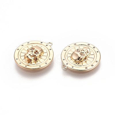 Flat Round with Skull Pattern Brass Micro Pave Clear Cubic Zirconia Pendants KK-G436-21G-1
