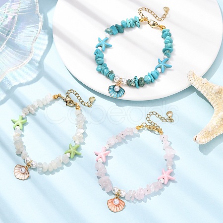 3Pcs Natural Moonstone & Rose Quartz & Synthetic Turquoise Chips & Shell Pearl Beads Bracelets Sets BJEW-JB12413-1