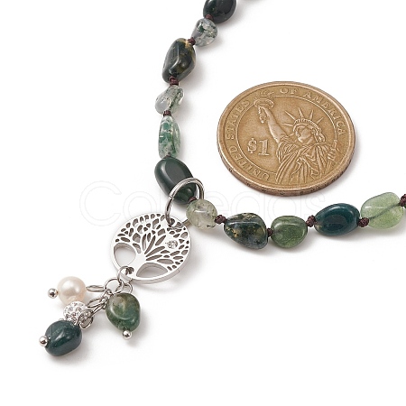 Natural Moss Agate & Pearl & Cubic Zirconia Tree of Life Pendant Necklace NJEW-JN04335-02-1