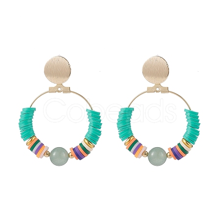 Natural Green Aventurine & Polymer Clay Beaded Big Ring Dangle Stud Earrings EJEW-TA00075-05-1