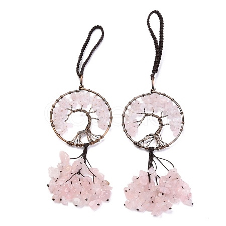 Wire Wrapped Chips Natural Rose Quartz Big Pendant Decorations HJEW-H057-02A-1