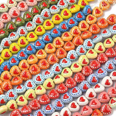 Heart Pattern Handmade Porcelain Enamel Beads PORC-G016-03-1