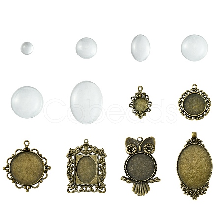 DIY Blank Owl/Round Glass & Tibetan Style Alloy Pendant Making Kits DIY-FS0006-11-1