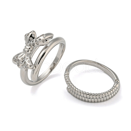 Bowknot Brass Micro Pave Clear Cubic Zirconia Double Rings RJEW-Z050-26P-1