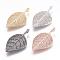 Brass Micro Pave Cubic Zirconia Pendants, Leaf, Mixed Color, 41.5x23x5mm, Hole: 2x4mm