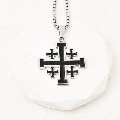 Jerusalem Cross Alloy Enamel Black Pendant 201 Stainless Steel Box Chain Necklaces NJEW-Z109-01P-1