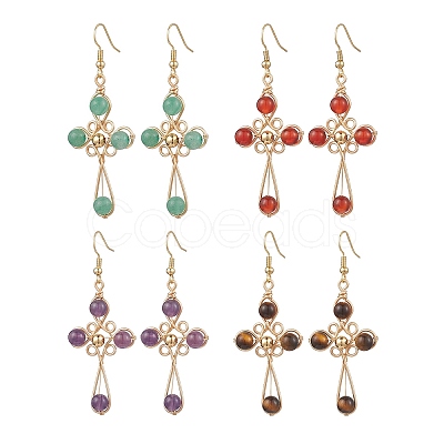 4 Pairs Brass Natural Gemstone Dangle Earrings EJEW-TA00728-1
