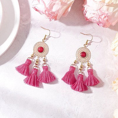Flat Round 304 Stainless Steel Polycotton Tassel Chandelier Earrings EJEW-JE06452-02-1