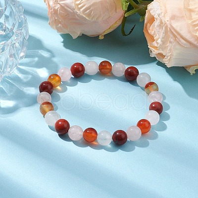 8mm Round Natural Red Jasper & Rose Quartz & Carnelian & Quartz Crystal Beaded Stretch Bracelets for Women BJEW-JB10625-04-1