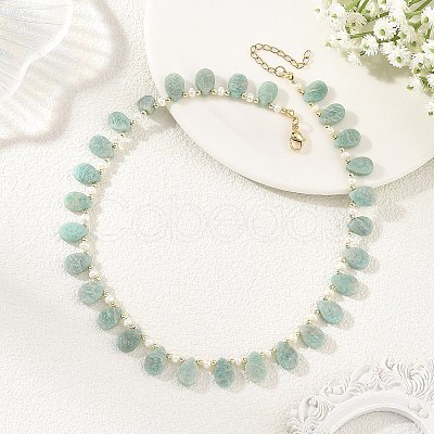 Natural Cultured Freshwater Pearl Rice & Natural Amazonite Teardrop Beaded Necklaces NJEW-JN06434-1