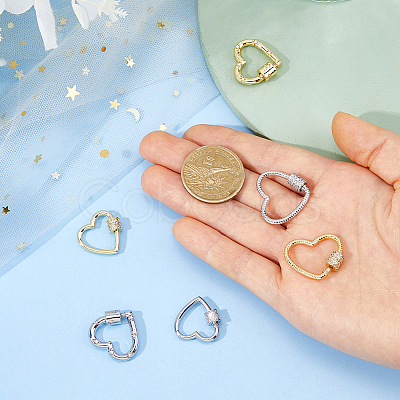 6Pcs 6 Styles Brass Micro Pave Clear Cubic Zirconia Screw Carabiner Lock Charms ZIRC-DC0001-40-1