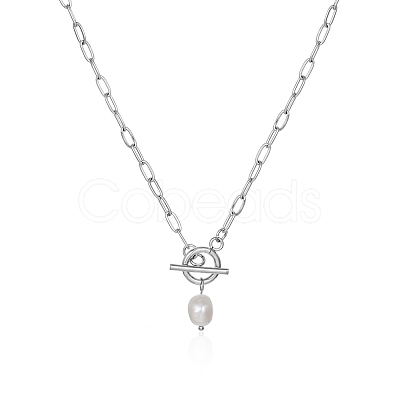 Minimalist Imitation Pearl Rice Pendant Stainless Steel PaPerclip Chain Necklaces for Everyday Women's Wear OX8079-1-1