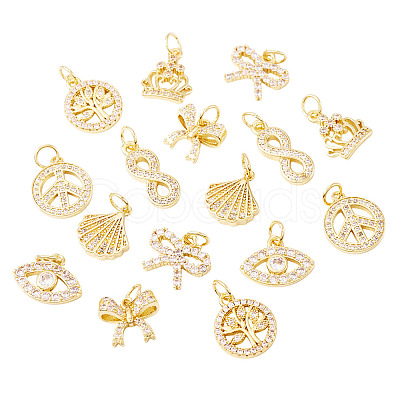 16Pcs 8 Styles Brass Micro Pave Cubic Zirconia Pendants KK-TA0002-30-1
