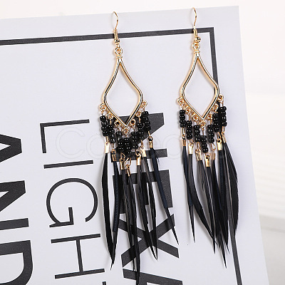 Bohemian Style Alloy Glass Seed Beaded Feather with Rhombus Chandelier Earrings FS-WG1E384-01-1