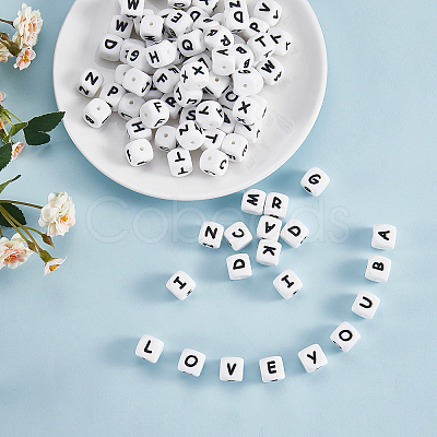 20Pcs White Cube Letter Silicone Beads SIL-YWC0003-06Y-1
