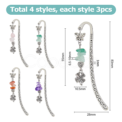 12Pcs 4 Styles Natural Rose Quartz & Green Aventurine & Amethyst & Red Agate Chips & Alloy Clover Charms Bookmarks AJEW-HS00008-1