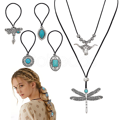 6Pcs Synthetic Turquoise & Alloy Necklaces & Hair Tie Kits SJEW-PH00014-1