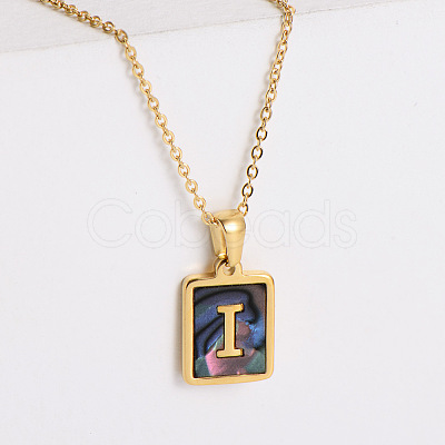 304 Stainless Steel Pave Natural Paua Shell Rectangle Initial Pendant Necklaces for Women FS-WG38E89-09-1