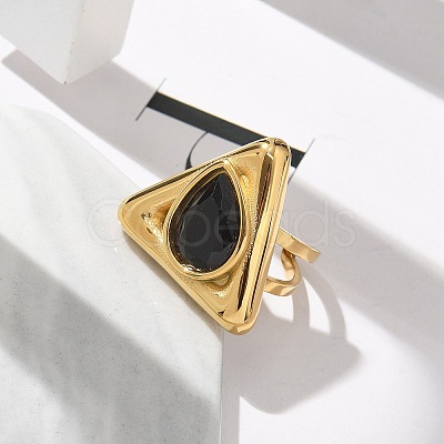 Triangle 304 Stainless Steel Rhinestone Open Cuff Rings for Women LS-RJEW-M048-03P-1