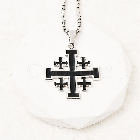 Jerusalem Cross Alloy Enamel Black Pendant 201 Stainless Steel Box Chain Necklaces NJEW-Z109-01P-1