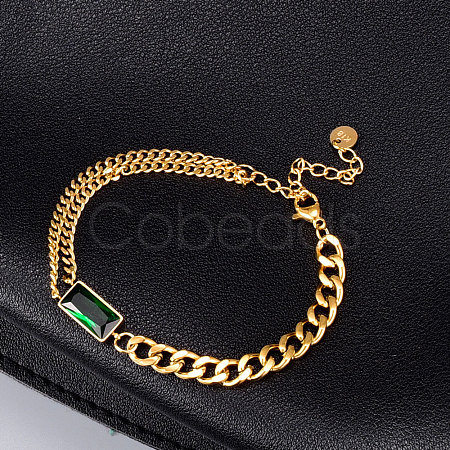 Cubic Zirconia Rectangle Link Bracelet with 304 Stainless Steel Curb Chains BJEW-Z015-01G-1