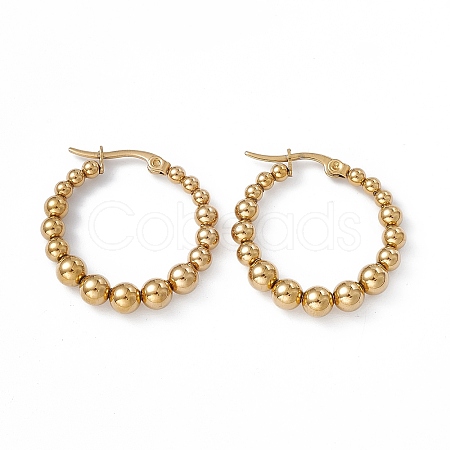 201 Stainless Steel Round Beaded Hoop Earrings with 304 Stainless Steel Pins for Women EJEW-B016-14B-G-1