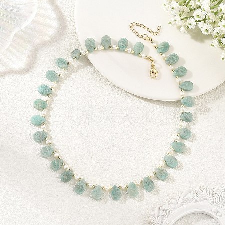 Natural Cultured Freshwater Pearl Rice & Natural Amazonite Teardrop Beaded Necklaces NJEW-JN06434-1