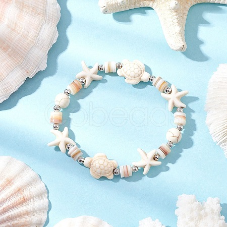 Starfish & Turtle Natural Freshwater Shell Beads Stretch Bracelets for Women BJEW-JB11922-02-1