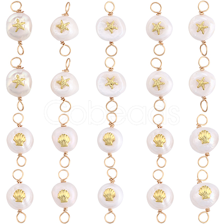20pcs 2 styles Grade AA Natural Cultured Freshwater Pearl Connector Charms with Golden Tone Sea Animal Alloy Slices PALLOY-BBC0001-02-1