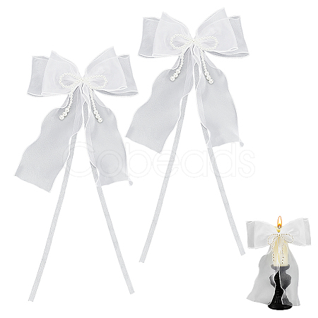 Bowknot Polyester Gauze with Plastic Pearl Curtain Holdback AJEW-WH0314-541-1