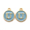 Golden Plated Alloy Enamel Charms, Cadmium Free & Lead Free, Enamelled Sequins, Flat Round with Letter, Sky Blue, Letter.U, 14x12x2mm, Hole: 1.5mm