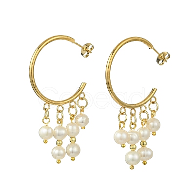 Round with C-Shaped Natural Pearl & 304 Stainless Steel Tassel Chandelier Earrings EJEW-JE07025-1