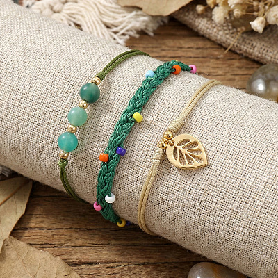 3Pcs 3 Styles Round Natural Striped Agate & Glass Seed Beads Braided Bracelets & Stainless Steel Link Bracelets Set XI5712-12-1