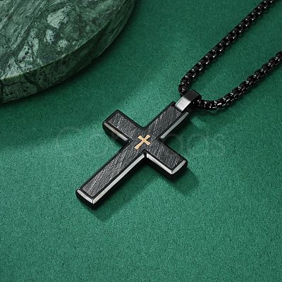 304 Stainless Steel with Wood Religion Cross Pendant Box Chain Necklaces for Men FS-WGA9A37-01-1