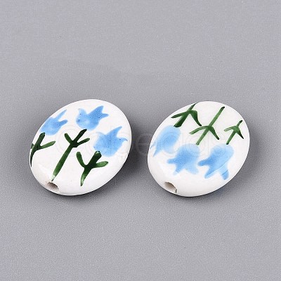 Hand Painted Tulip Flower Oval Porcelain Beads PORC-N012-11G-1