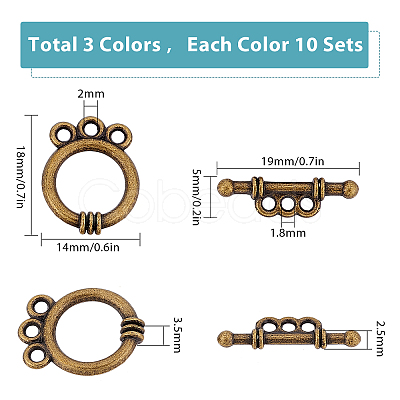 30Sets 3 Colors Tibetan Style Alloy Toggle Clasps FIND-SC0002-73-1