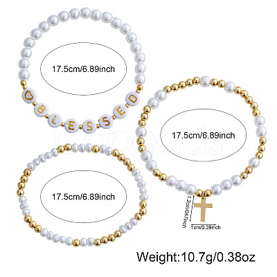 3Pcs Imitation Pearl Letter & Metal Cross Multi-Strand Bracelet Sets NP1361-1
