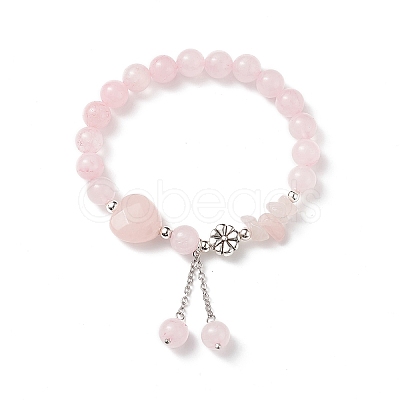 Natural Rose Quartz Round & Heart & Chips Beaded Stretch Bracelet BJEW-TA00194-1