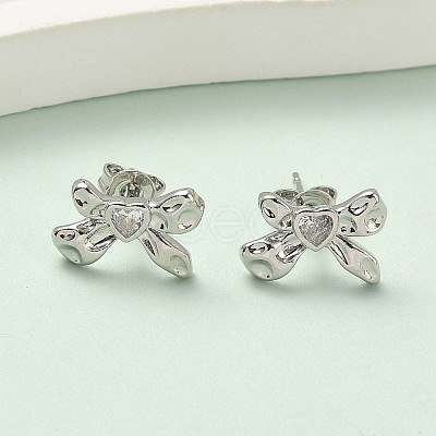 Brass Micro Pave Clear Cubic Zirconia Bowknot Stud Earrings EJEW-A145-02B-P-1