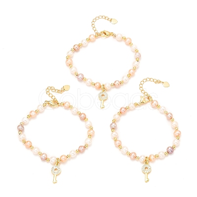 Brass Micro Pave Cubic Zirconia Key Charms Bracelets BJEW-D447-10G-01-1