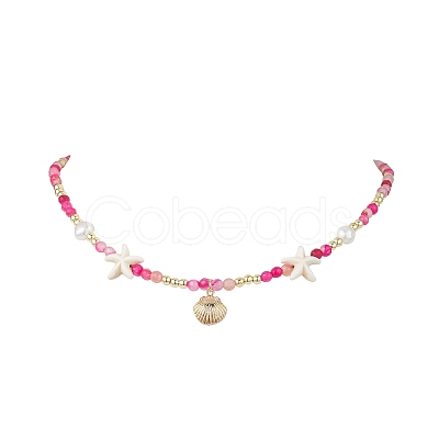 Dyed Natural Agate Faceted Round and Natural Cultured Freshwater Pearl & Starfish Synthetic Turquoise Beaded Brass Shell Shape Pendant Necklaces for Women NJEW-JN05496-01-1