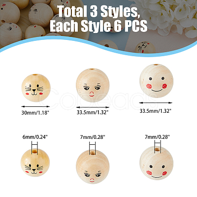 18Pcs 3 Styles Printed Wood Beads WOOD-DC0001-08-1
