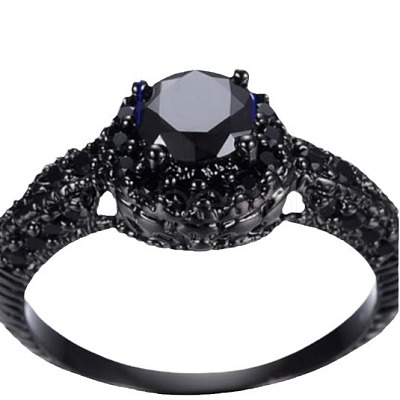 Flat Round Brass Jet Rhinestone Finger Rings FS-WG232E0-02-1